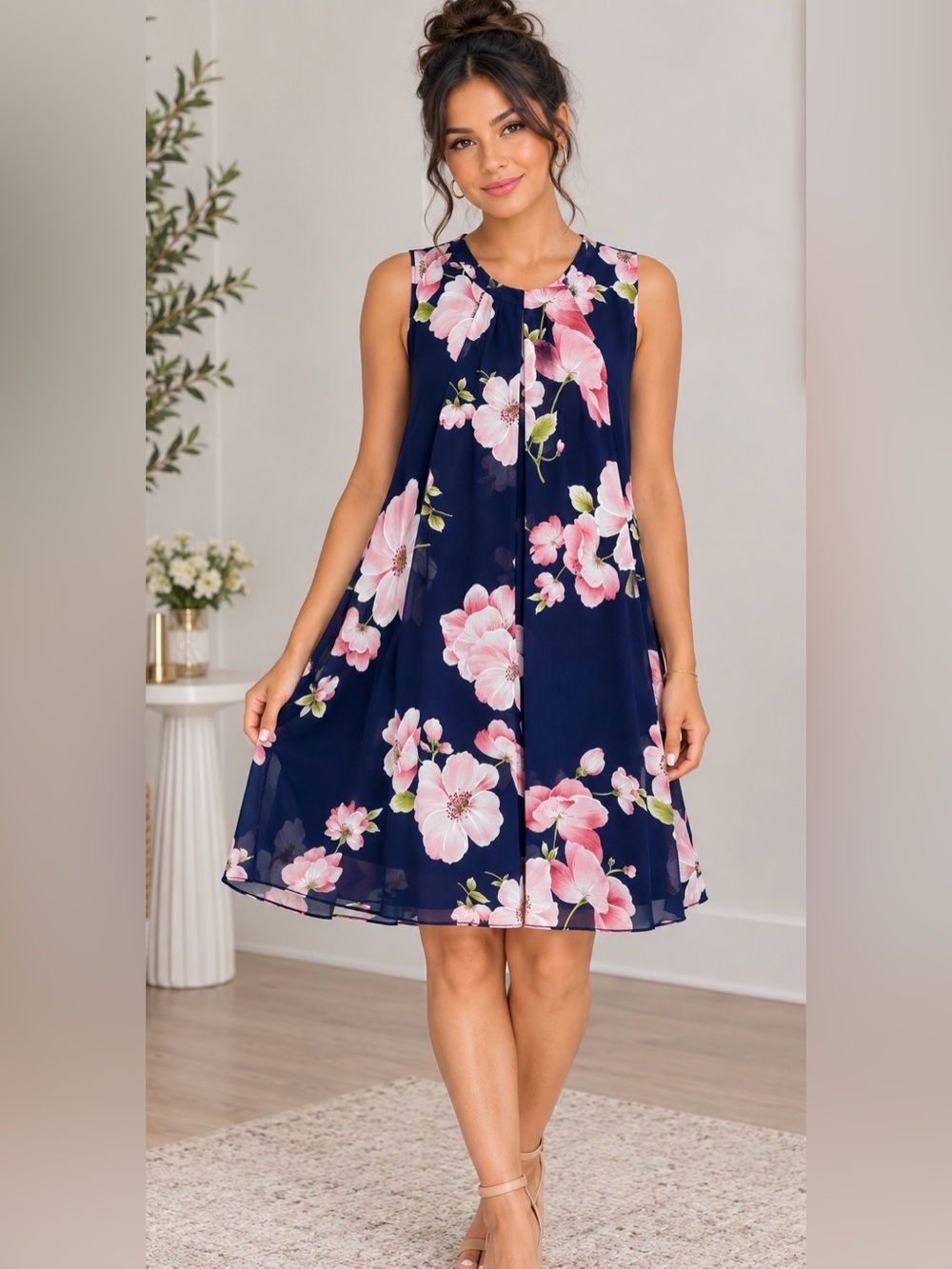 Robbie Bee Navy & Pink Floral Chiffon Sleeveless Dress Size 14P Petite
